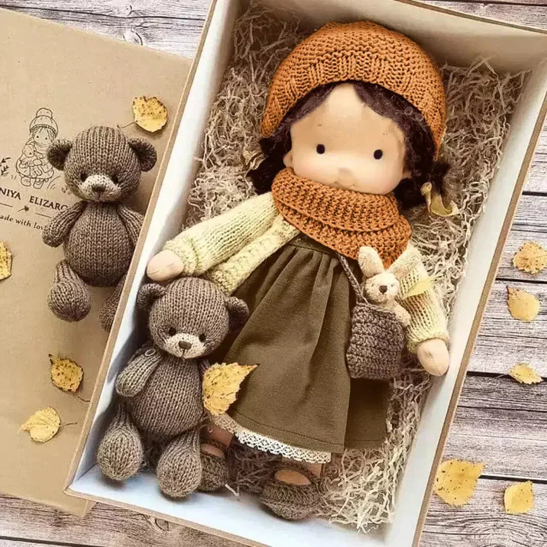 Astrid style cuddly doll in a gift box with a miniature teddy bear