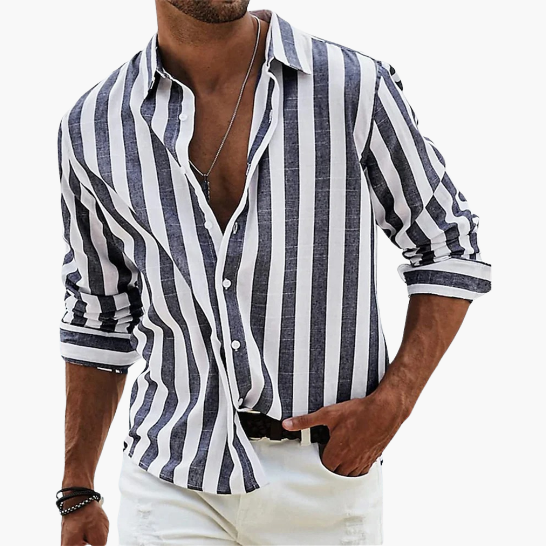 Man wearing dark grey and white striped long-sleeve button-down shirt