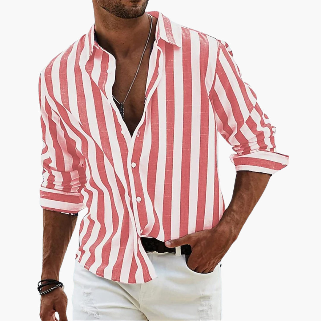 Mens striped long sleeve button-down shirt detail showing cuffs and buttons