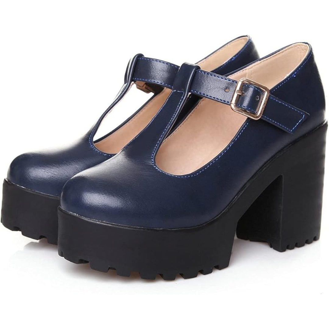 Detailed close-up of the vegan leather texture on women's vintage chunky platform shoes