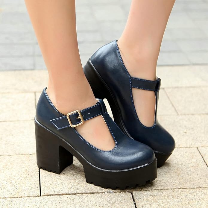Back view of chunky platform heels showing the thick block heel and platform sole support