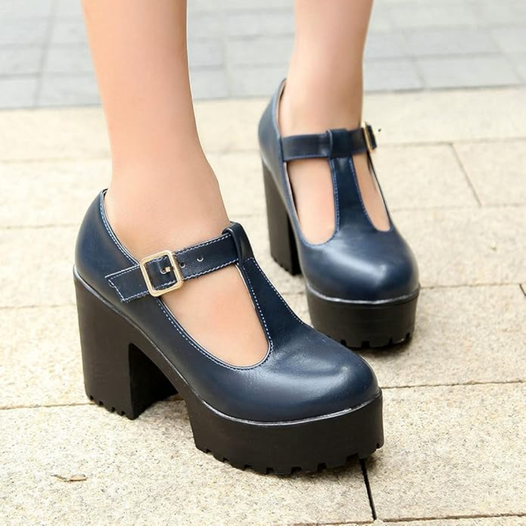 Low angle shot of women's gothic t-strap heels showcasing the high chunky platform
