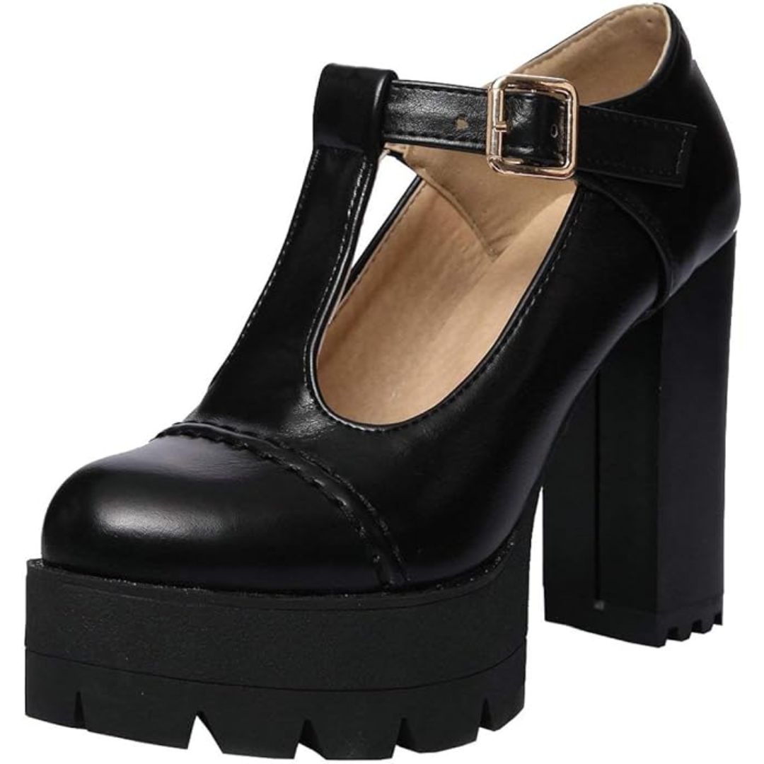 Black T-Strap chunky platform heel shoe side view
