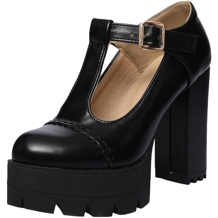 Black T-Strap chunky platform heel shoe side view
