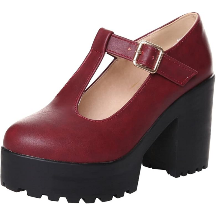 Women's T-strap chunky platform heels in vintage gothic mary jane style, side profile view