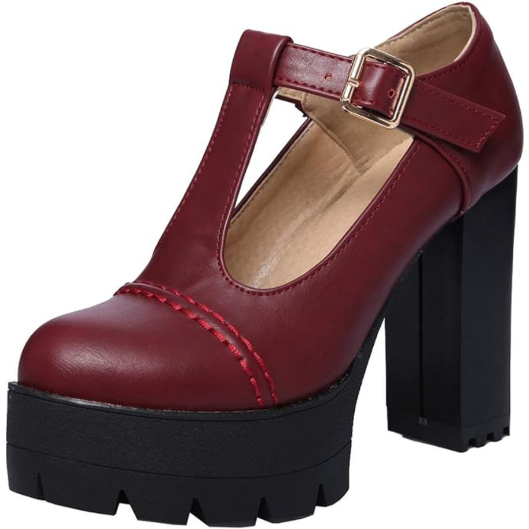 Red T-Strap chunky platform heel shoe side view