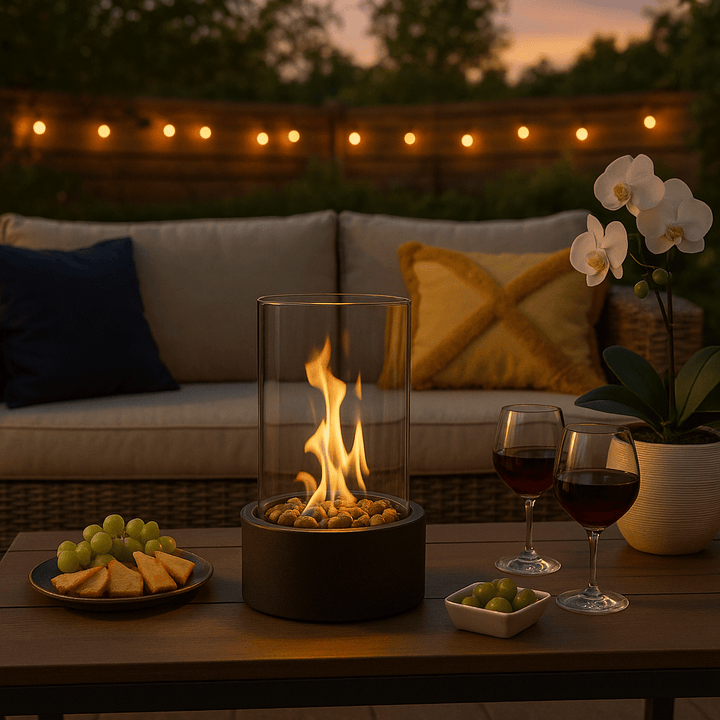 Bioethanol tabletop fire feature casting warm light near wine glasses and sofa