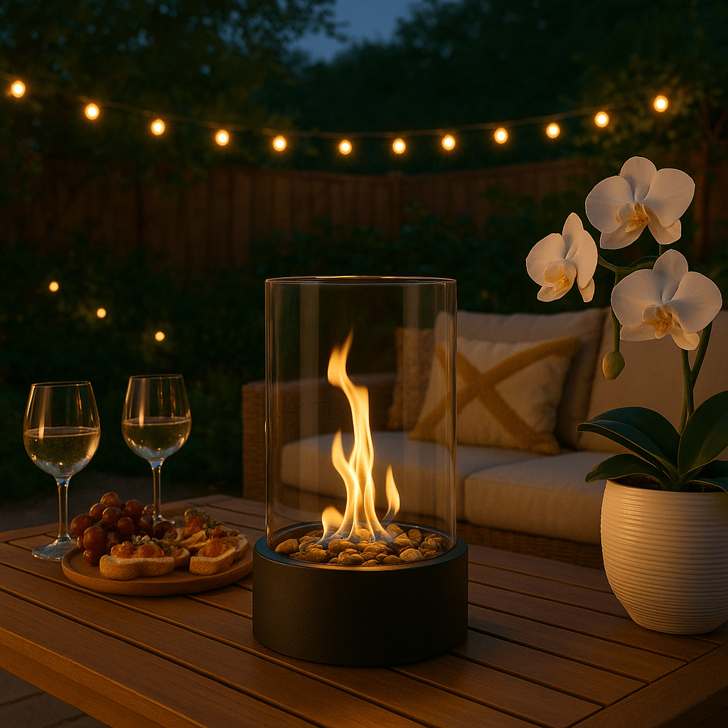 Portable glass tabletop fireplace glowing on an outdoor wooden table at dusk