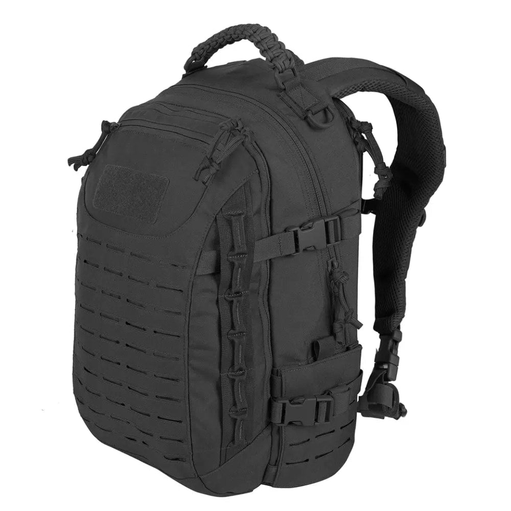 Black tactical backpack with MOLLE webbing and padded straps