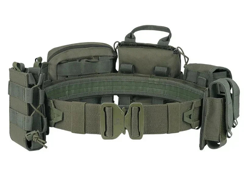 Green tactical combat belt featuring multiple attached modular pouches and a quick-release metal buckle.