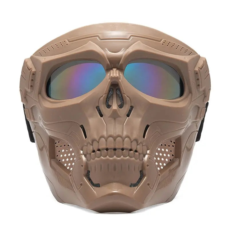Beige tactical face mask front view showing protective goggles