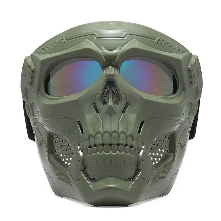 Green tactical face mask front view featuring skull design