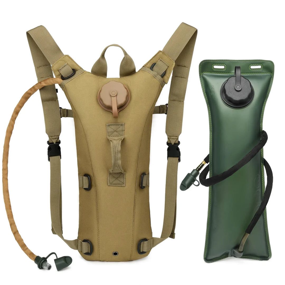 Tactical hydration pack in tan color with included 3L water bladder