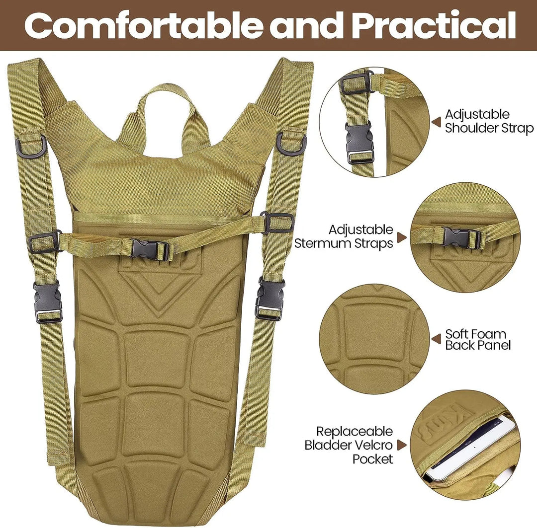 MOLLE webbing system on the front of the tactical hydration pack for gear attachment