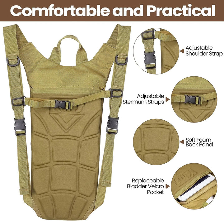 MOLLE webbing system on the front of the tactical hydration pack for gear attachment