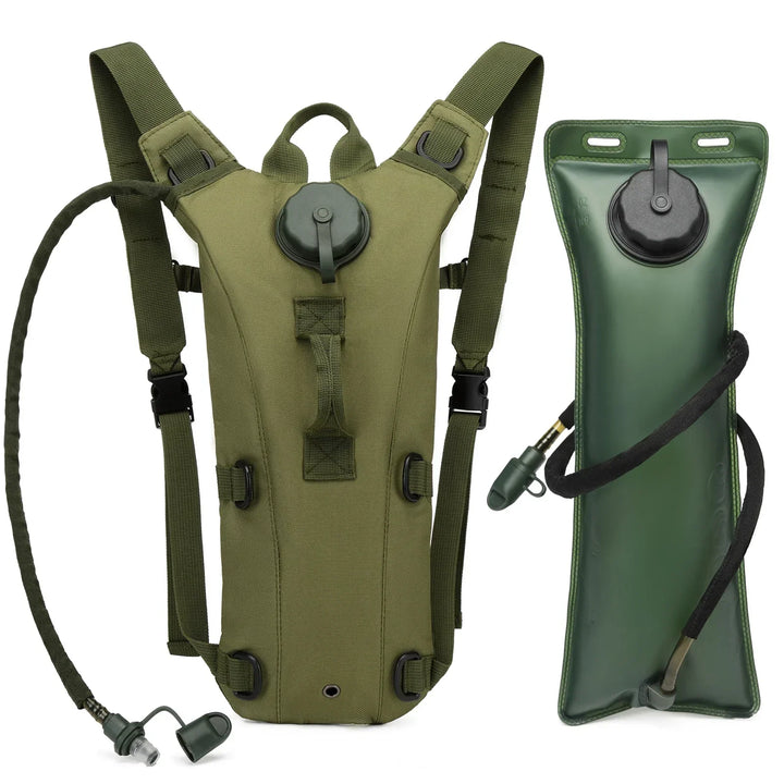 Tactical hydration pack in olive green color with water reservoir