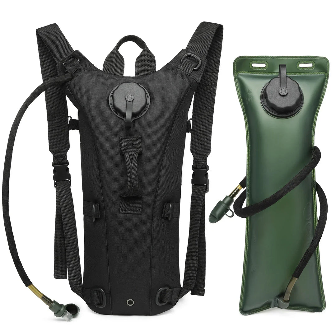 Tactical hydration pack in black color displayed with bladder