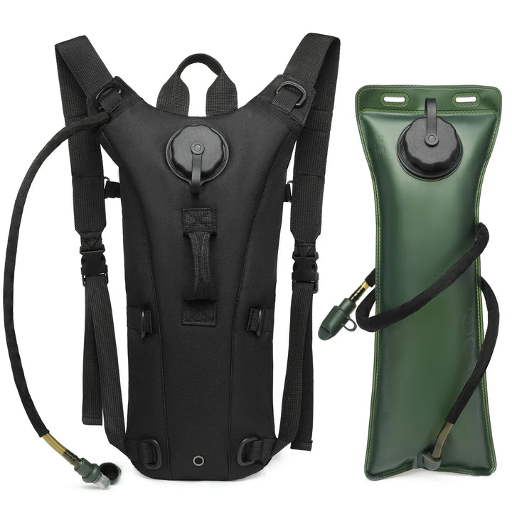 Tactical hydration pack in black color displayed with bladder