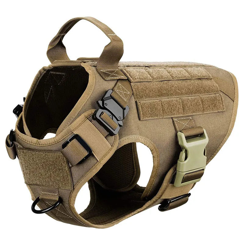 Brown tactical dog harness with heavy-duty handle and MOLLE straps
