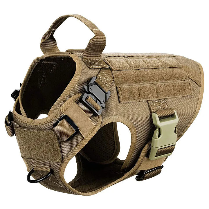 Brown tactical dog harness with heavy-duty handle and MOLLE straps
