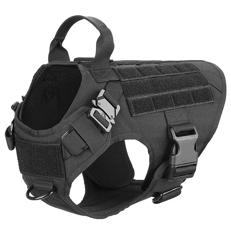 Black tactical dog harness featuring reinforced buckles and breathable mesh