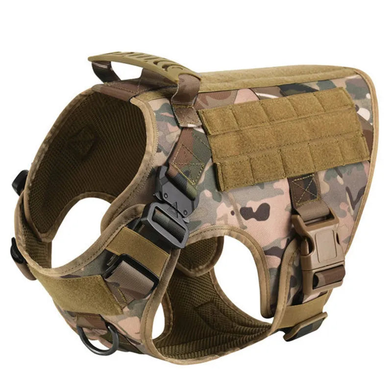 Tactical no-pull dog harness showing front chest attachment for training