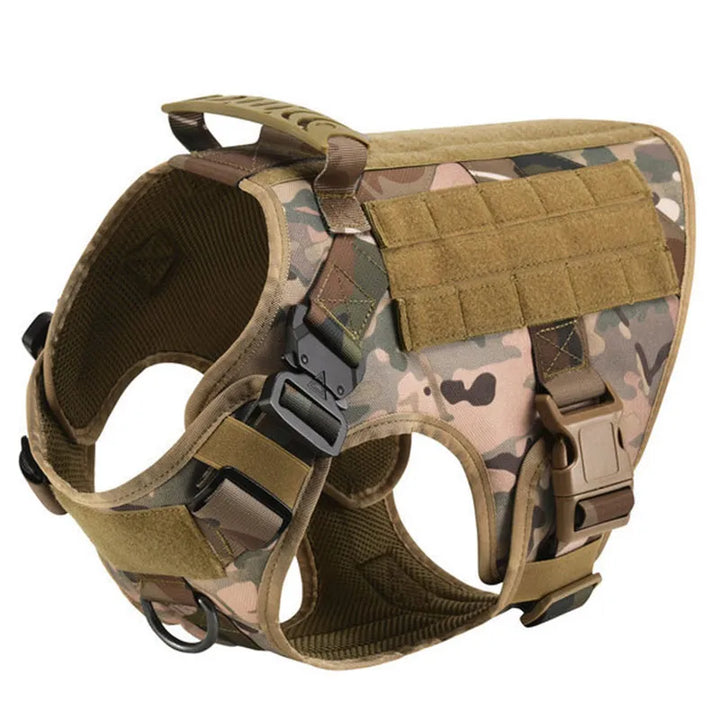Tactical no-pull dog harness showing front chest attachment for training
