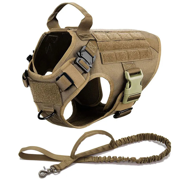 Durable working dog vest with heavy-duty metal hardware and buckles