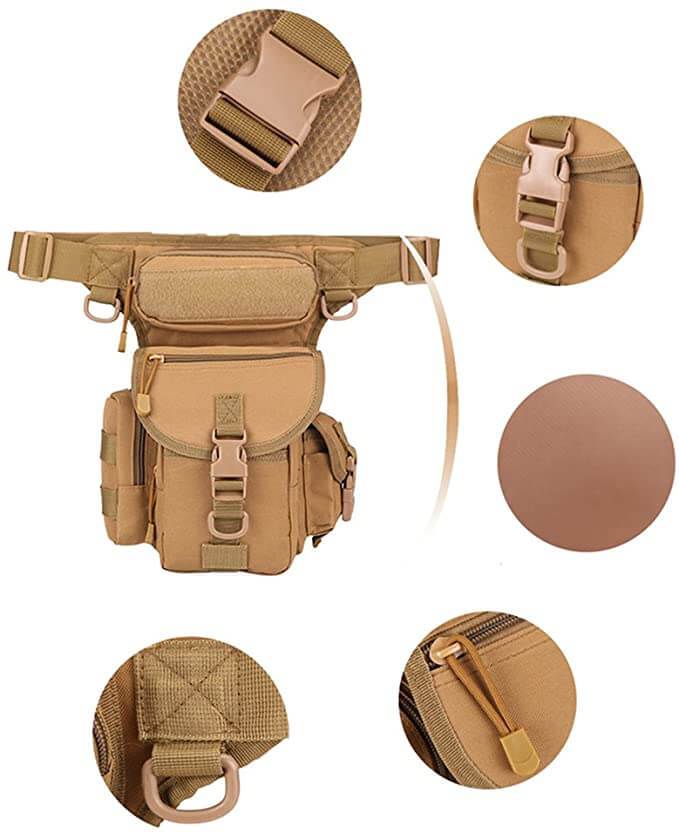 Side view of outdoor gear utility bag with adjustable waist and thigh straps