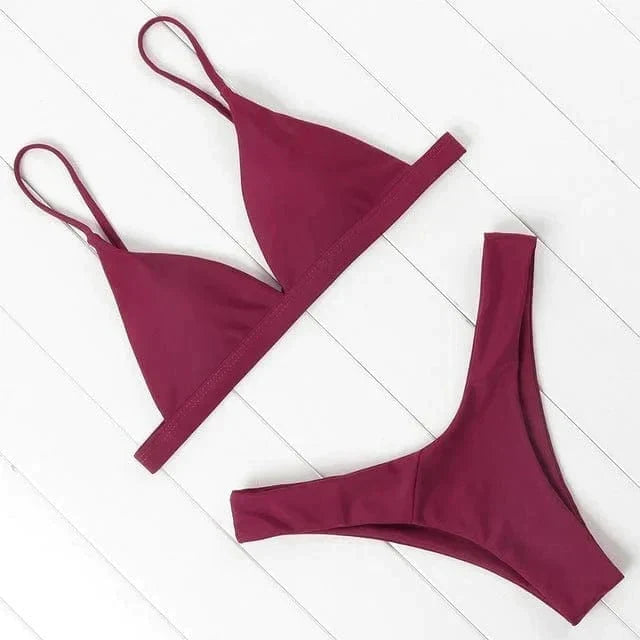 Model wearing womens triangle bikini set showcasing adjustable straps