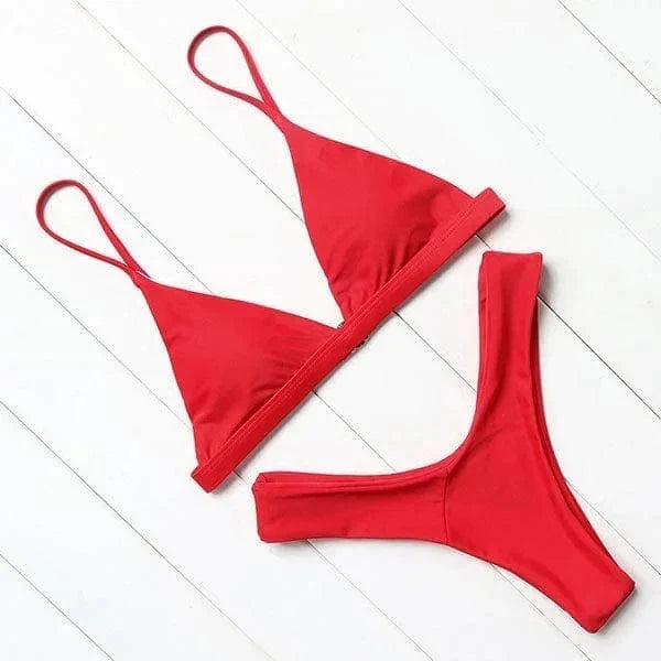 Womens triangle bikini set top view showing adjustable straps and swimwear design