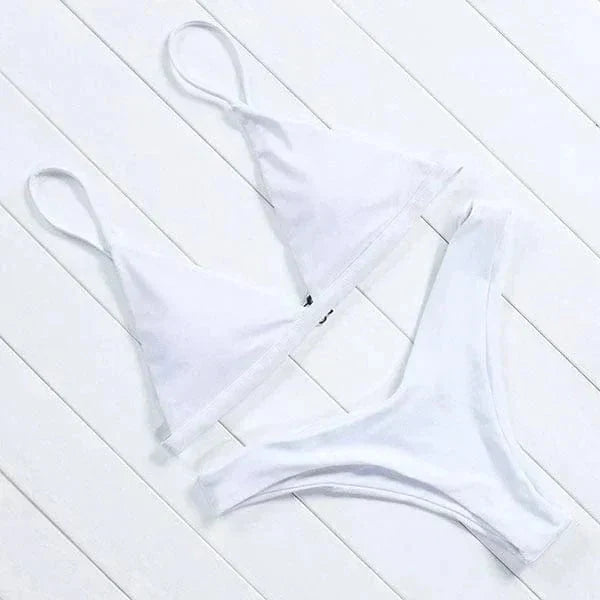 Hanger display of womens two piece swimsuit showing classic beachwear cut