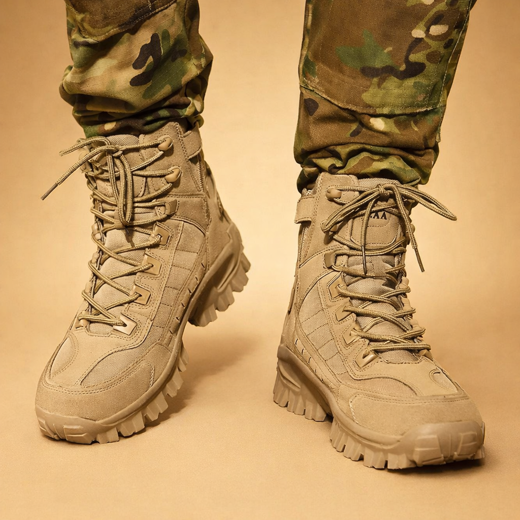 Khaki tactical high-top outdoor boots modeled outdoors in studio setting