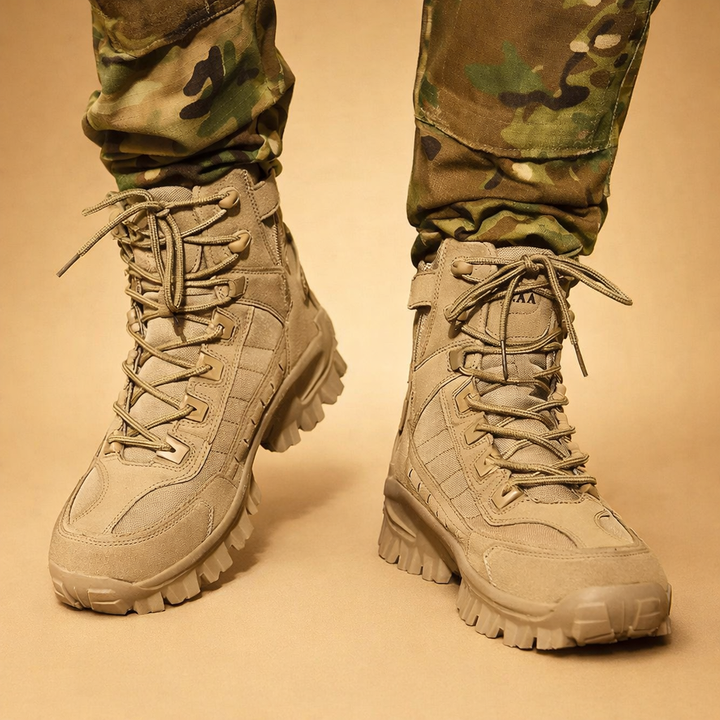 Khaki tactical high-top outdoor boots modeled outdoors in studio setting