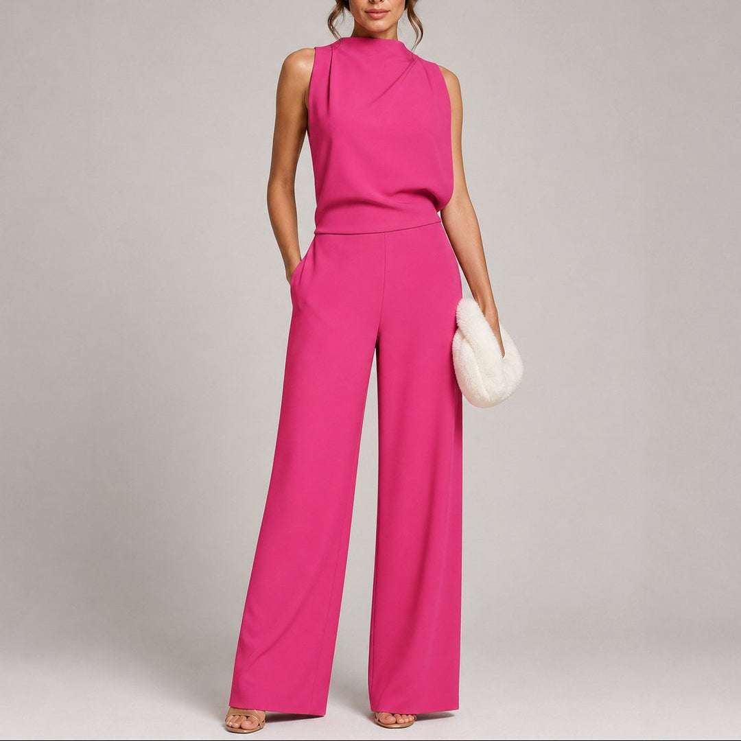 Back view of a sleeveless high neck wide-leg jumpsuit for women