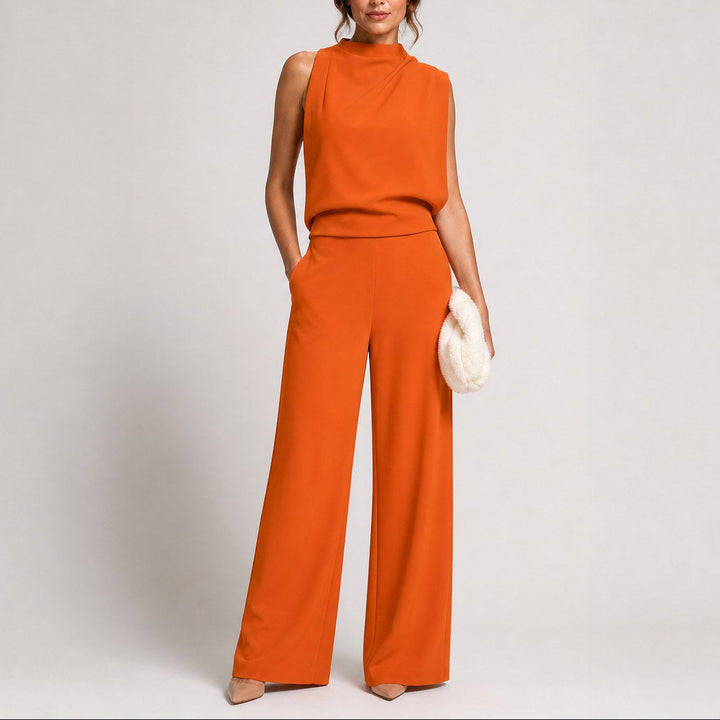 Close-up of the high neck design on a women's casual one-piece jumpsuit