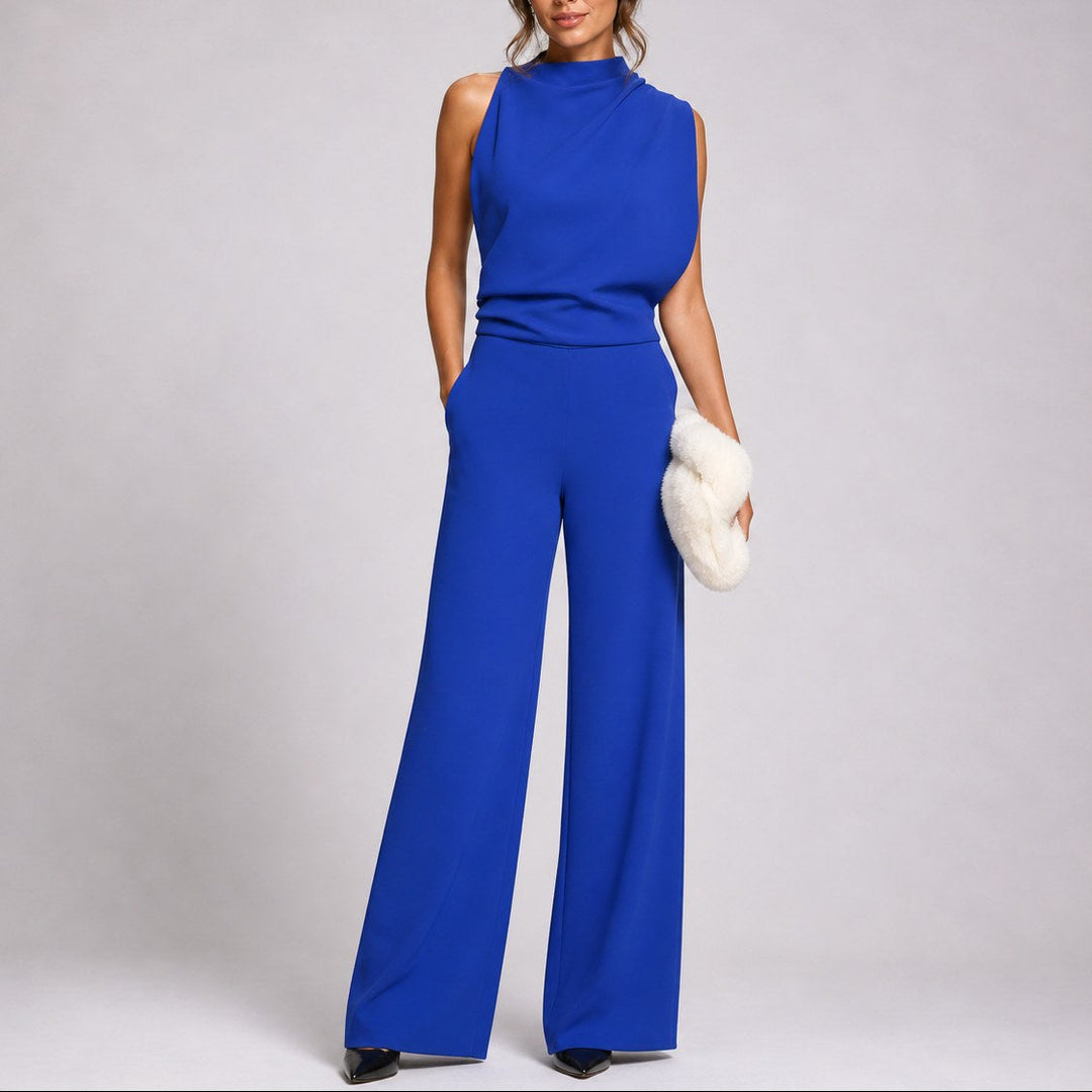 Fabric detail of the stylish wide-leg evening wear jumpsuit
