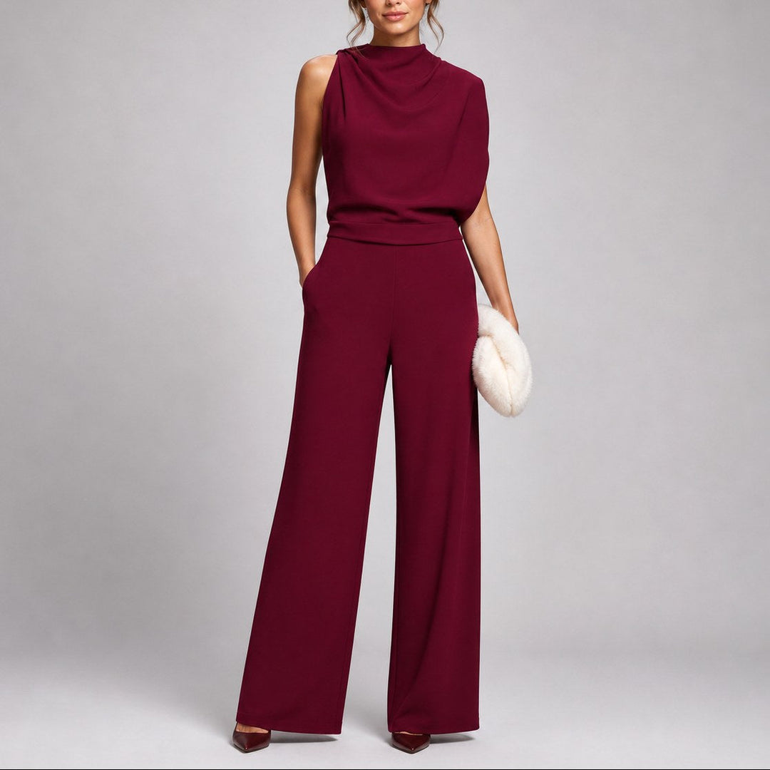 Full-length side view of a women's elegant sleeveless wide-leg jumpsuit