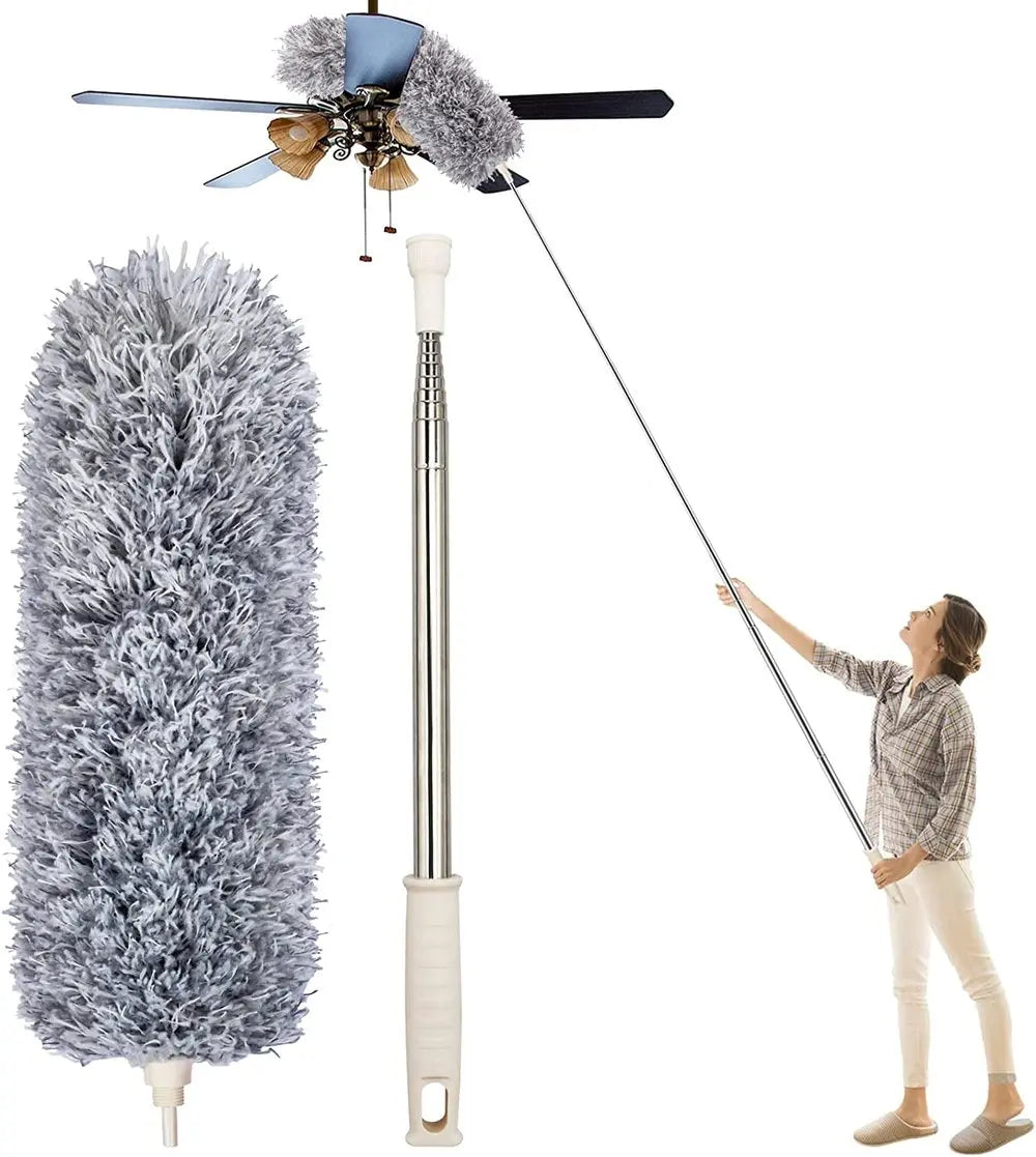 Person using a telescopic dust duster to clean a ceiling fan