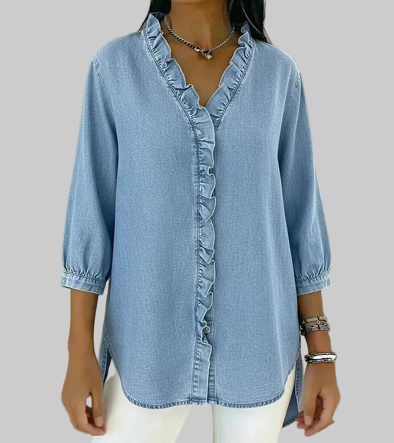 Full view of the trendy V-neck ruffle blouse for women's daily wear