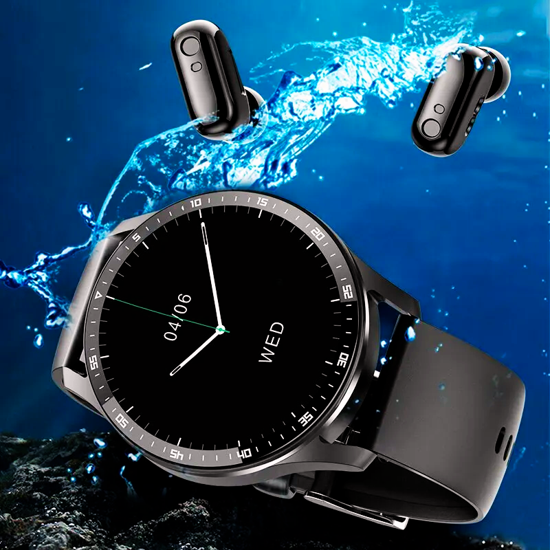 Black smart sports watch underwater with wireless earbuds