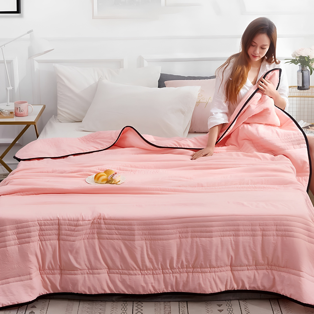 Breathable summer cooling blanket in blue lightweight throw for home bedding