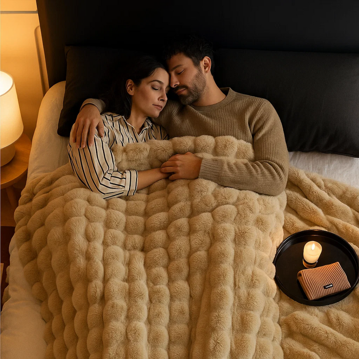 Detailed view of the durable stitched edges on the soft plush fleece blanket.