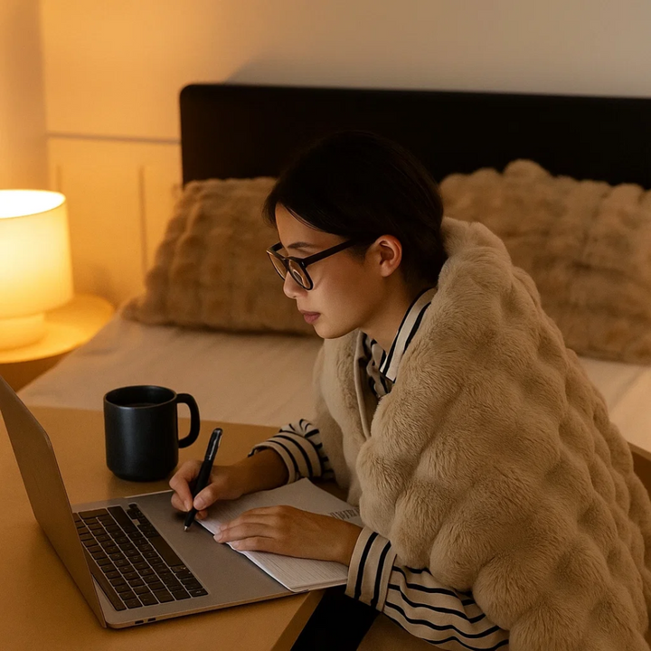 Plush fleece throw blanket displayed in a bright, modern living space for extra warmth.