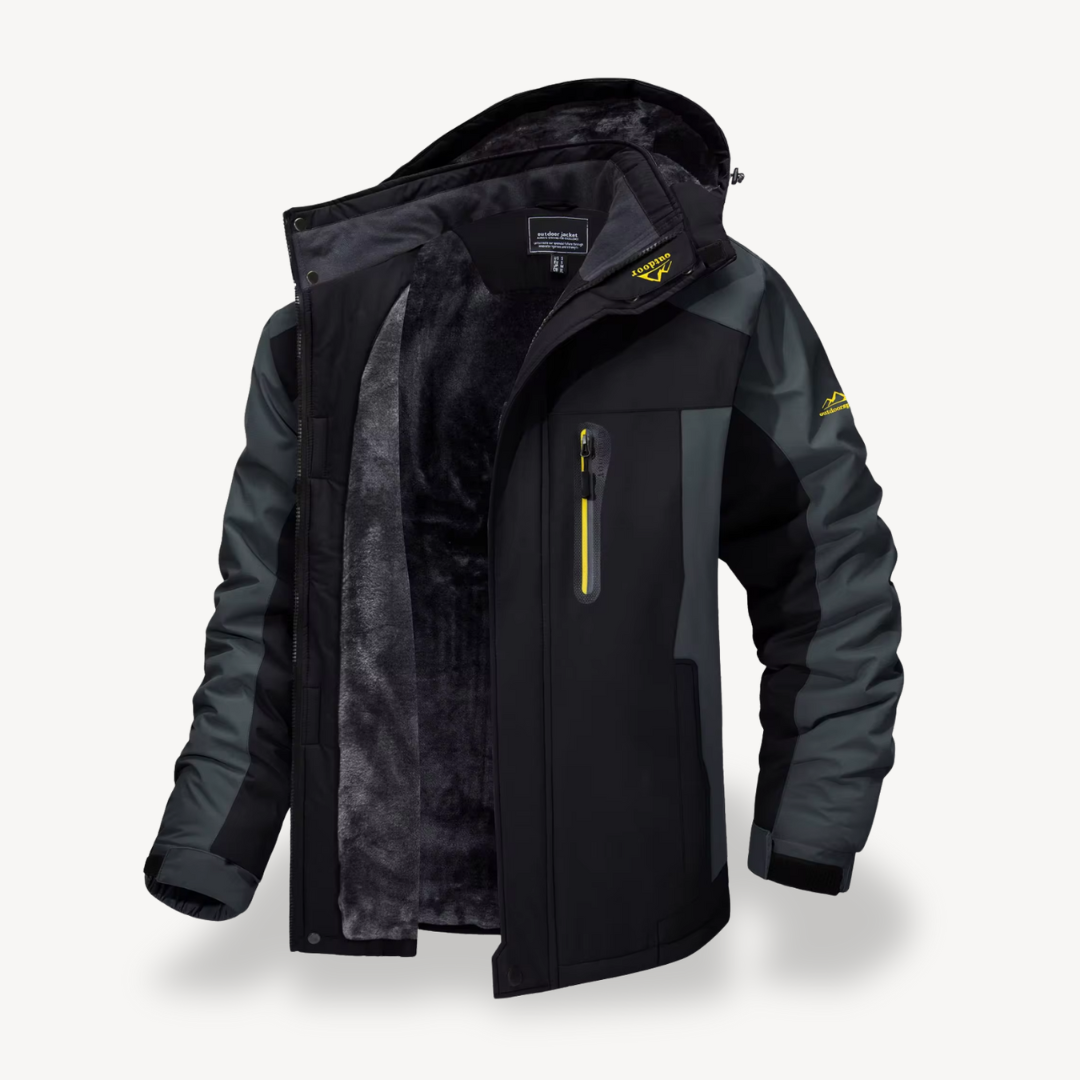 Men's hooded outdoor jacket in black color block design