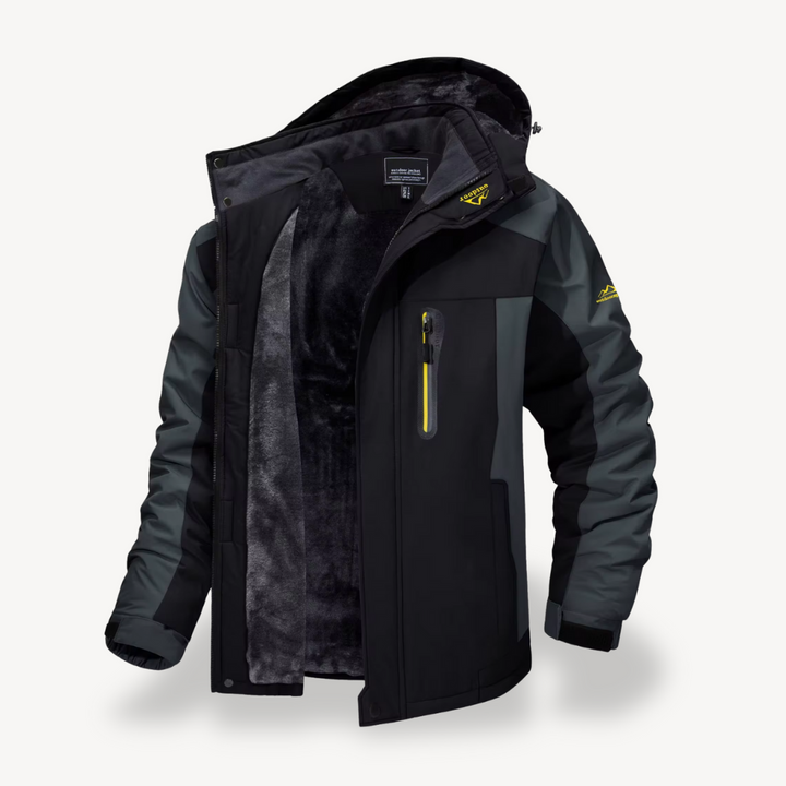 Men's hooded outdoor jacket in black color block design