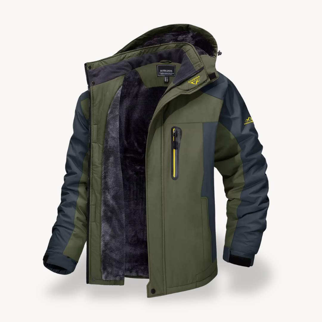 Men's hooded outdoor jacket in green color block design