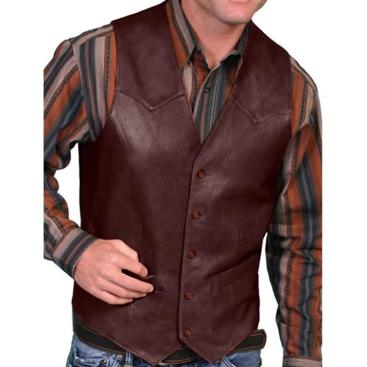 Man wearing burgundy western style button vest over striped shirt