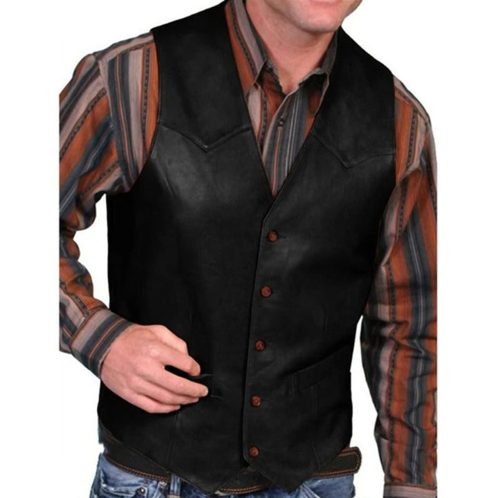 Man wearing black western style button vest over striped shirt