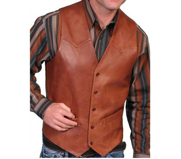 Man wearing brown western style button vest over striped shirt